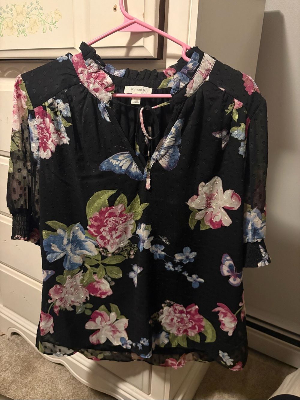 Floral & Butterfly Tie-Neck Blouse - Black
